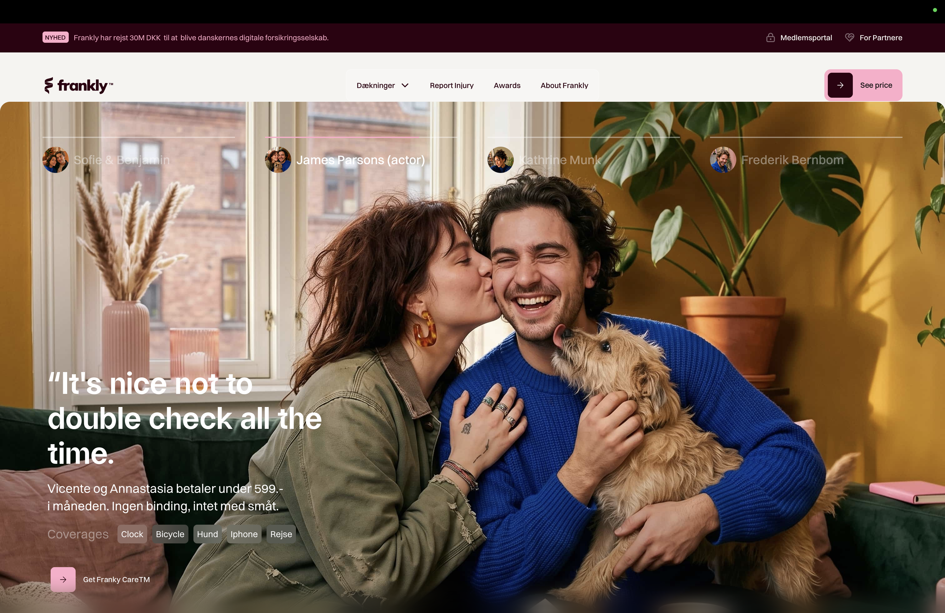 Frankly Insurance website featuring a couple and their dog